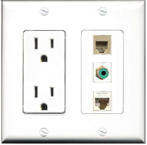 RiteAV - 15 Amp Power Outlet 1 Port RCA Green 1 Port Phone Beige 1 Port Cat6 Ethernet Ethernet White Decorative Wall Plate