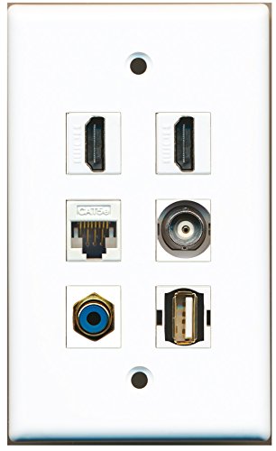 RiteAV - 2 HDMI 1 Port RCA Blue 1 Port USB A-A 1 Port BNC 1 Port Cat5e Ethernet White Wall Plate