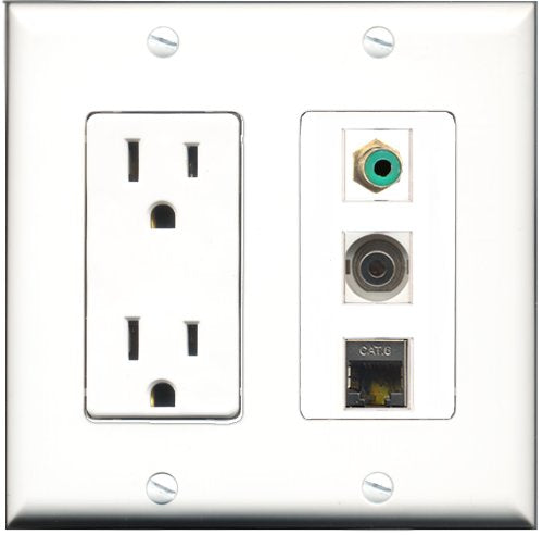 RiteAV - 15 Amp Power Outlet 1 Port RCA Green 1 Port Shielded Cat6 Ethernet Ethernet 1 Port 3.5mm Decorative Wall Plate