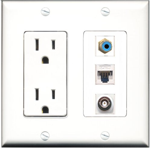 RiteAV - 15 Amp Power Outlet 1 Port RCA Blue 1 Port BNC 1 Port Cat5e Ethernet White Decorative Wall Plate