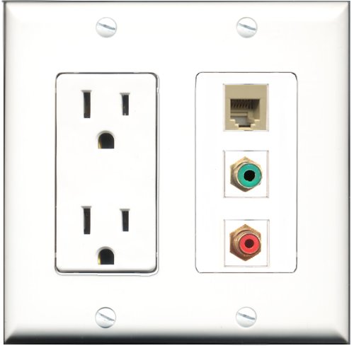 RiteAV - 15 Amp Power Outlet 1 Port RCA Red 1 Port RCA Green 1 Port Phone Beige Decorative Wall Plate