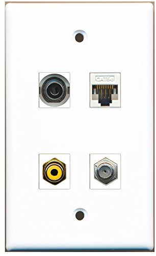 RiteAV - 1 Port RCA Yellow 1 Port Coax Cable TV- F-Type 1 Port 3.5mm 1 Port Cat5e Ethernet White Wall Plate