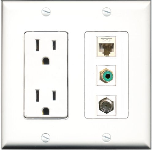 RiteAV - 15 Amp Power Outlet 1 Port RCA Green 1 Port Coax 1 Port Cat6 Ethernet Ethernet White Decorative Wall Plate