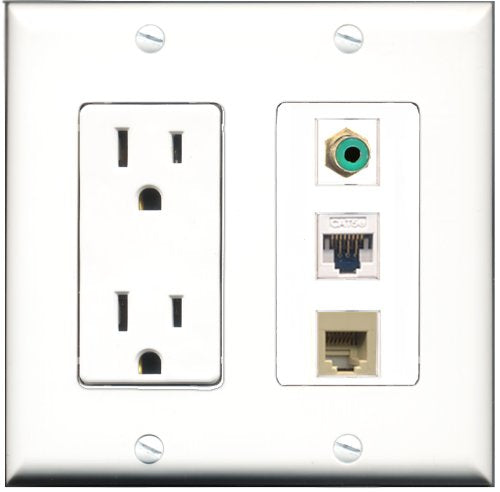 RiteAV - 15 Amp Power Outlet 1 Port RCA Green 1 Port Phone Beige 1 Port Cat5e Ethernet White Decorative Wall Plate