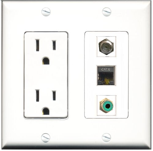 RiteAV - 15 Amp Power Outlet 1 Port RCA Green 1 Port Coax 1 Port Shielded Cat6 Ethernet Ethernet Decorative Wall Plate