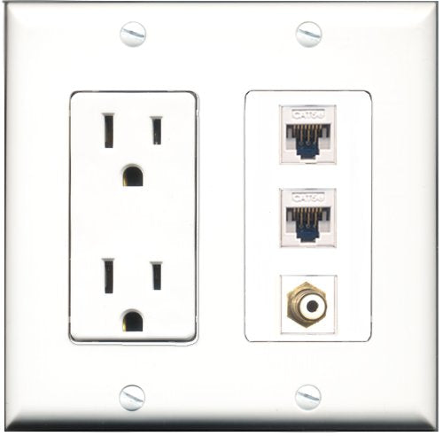RiteAV - 15 Amp Power Outlet 1 Port RCA White 2 Port Cat5e Ethernet White Decorative Wall Plate