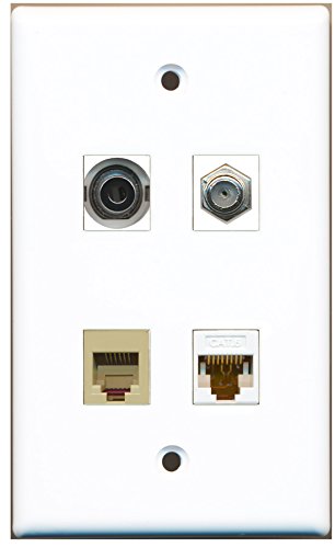 RiteAV - 1 Port Coax Cable TV- F-Type 1 Port Phone RJ11 RJ12 Beige 1 Port 3.5mm 1 Port Cat6 Ethernet White Wall Plate