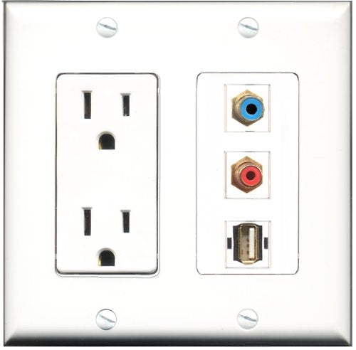 RiteAV - 15 Amp Power Outlet 1 Port RCA Red 1 Port RCA Blue 1 Port USB A-A Decorative Wall Plate