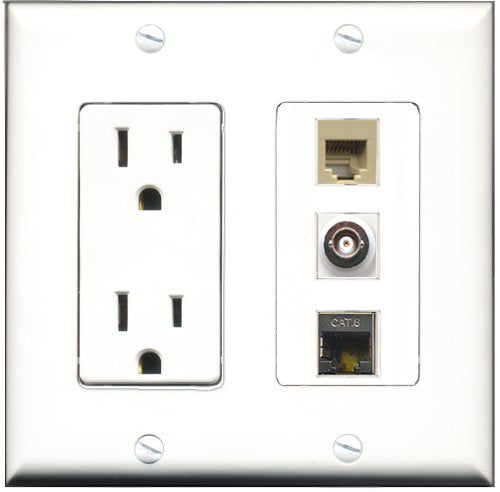 RiteAV - 15 Amp Power Outlet 1 Port Phone Beige 1 Port Shielded Cat6 Ethernet Ethernet 1 Port BNC Decorative Wall Plate