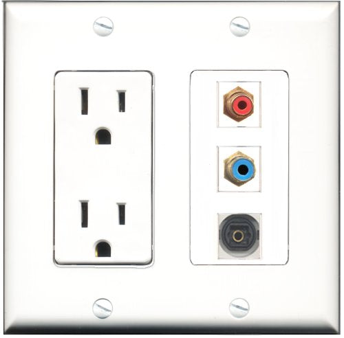 RiteAV - 15 Amp Power Outlet 1 Port RCA Red 1 Port RCA Blue 1 Port Toslink Decorative Wall Plate
