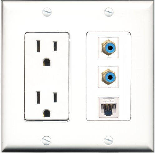 RiteAV - 15 Amp Power Outlet 2 Port RCA Blue 1 Port Cat5e Ethernet White Decorative Wall Plate