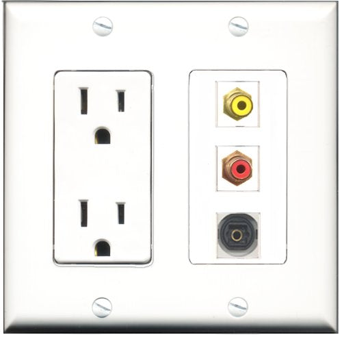 RiteAV - 15 Amp Power Outlet 1 Port RCA Red 1 Port RCA Yellow 1 Port Toslink Decorative Wall Plate