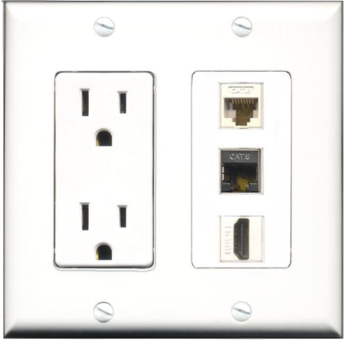 RiteAV - 15 Amp Power Outlet 1 Port HDMI 1 Port Shielded Cat6 Ethernet Ethernet 1 Port Cat6 Ethernet Ethernet White Decorative Wall Plate