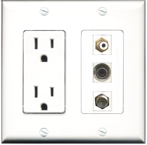 RiteAV - 15 Amp Power Outlet 1 Port RCA White 1 Port Coax 1 Port 3.5mm Decorative Wall Plate