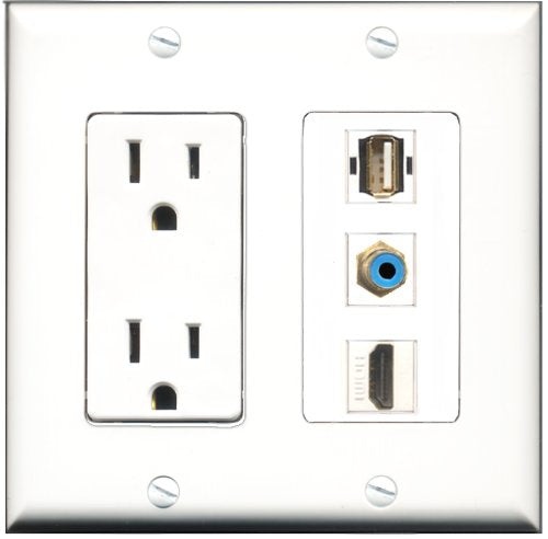 RiteAV - 15 Amp Power Outlet 1 Port HDMI 1 Port RCA Blue 1 Port USB A-A Decorative Wall Plate
