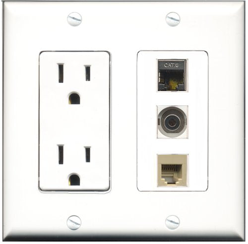 RiteAV - 15 Amp Power Outlet 1 Port Phone Beige 1 Port Shielded Cat6 Ethernet Ethernet 1 Port 3.5mm Decorative Wall Plate