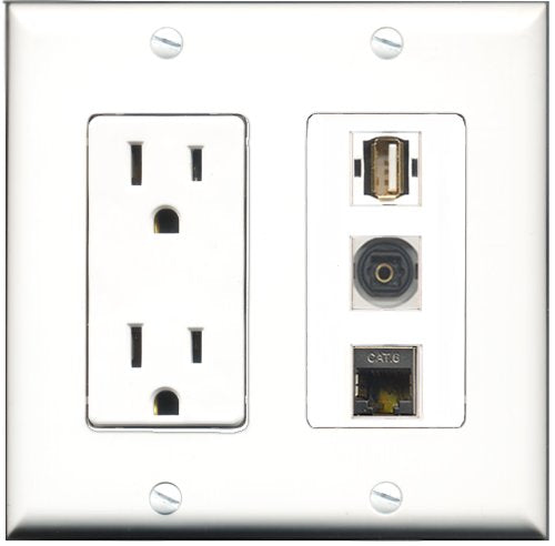 RiteAV - 15 Amp Power Outlet 1 Port USB A-A 1 Port Shielded Cat6 Ethernet Ethernet 1 Port Toslink Decorative Wall Plate