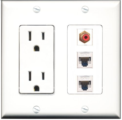 RiteAV - 15 Amp Power Outlet 1 Port RCA Red 2 Port Cat5e Ethernet White Decorative Wall Plate