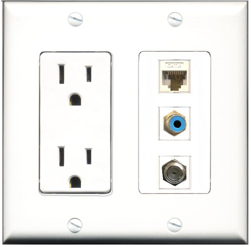 RiteAV - 15 Amp Power Outlet 1 Port RCA Blue 1 Port Coax 1 Port Cat6 Ethernet Ethernet White Decorative Wall Plate