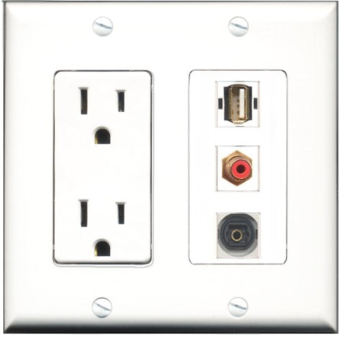 RiteAV - 15 Amp Power Outlet 1 Port RCA Red 1 Port USB A-A 1 Port Toslink Decorative Wall Plate