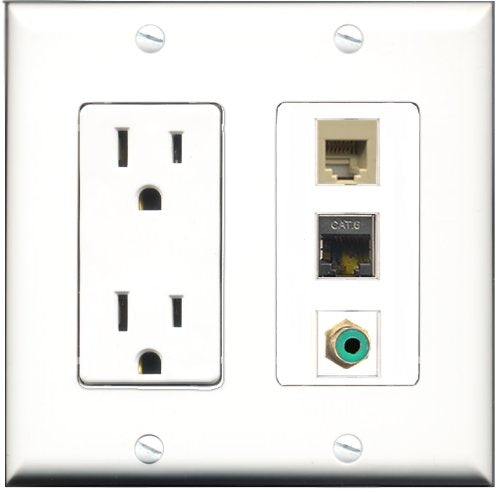 RiteAV - 15 Amp Power Outlet 1 Port RCA Green 1 Port Phone Beige 1 Port Shielded Cat6 Ethernet Ethernet Decorative Wall Plate