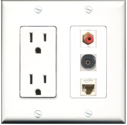 RiteAV - 15 Amp Power Outlet 1 Port RCA Red 1 Port Toslink 1 Port Cat6 Ethernet Ethernet White Decorative Wall Plate