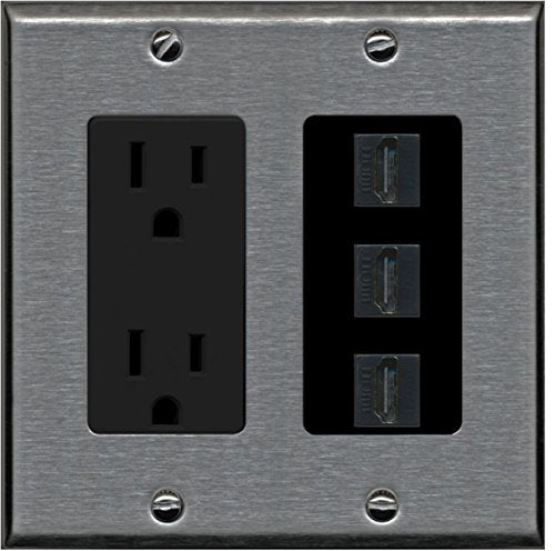 RiteAV - 15 Amp Power Outlet 3 Port HDMI Decorative Wall Plate - Stainless/Black