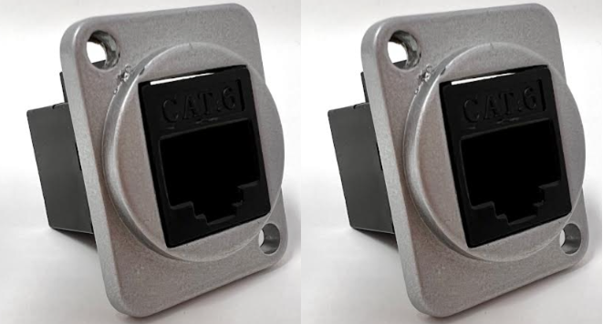 Cat 6 D Series Chassis Panel Mount Connector Pass Through Solderless Bulkhead Coupler, Silver Metal Housing/Black Cat 6