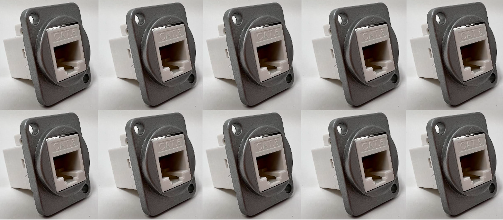 Cat 6 D Series Chassis Panel Mount Connector Pass Through Solderless Bulkhead Coupler, Silver Metal Housing/White Cat 6