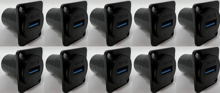 USB 3.0 A-type Female D Series Heavy Duty Chassis Panel Mount Connector Pass Through Solderless Bulkhead Coupler, Black Metal Housing/Straight Exit