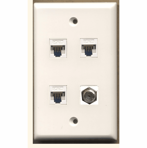 3xCat5e/6 Ethernet and 1xF TypeJack Keystone Female Coupler White Wall Plate
