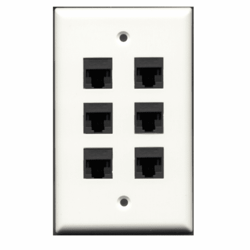 6 Port Cat6 Coupler Wall Plate - White w/Black ports