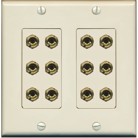 RiteAV 6.0 Surround Sound 6 Speaker 12 Banana Plug Jack Wall Plate Female Connectors - 2 Gang [Light-Almond]