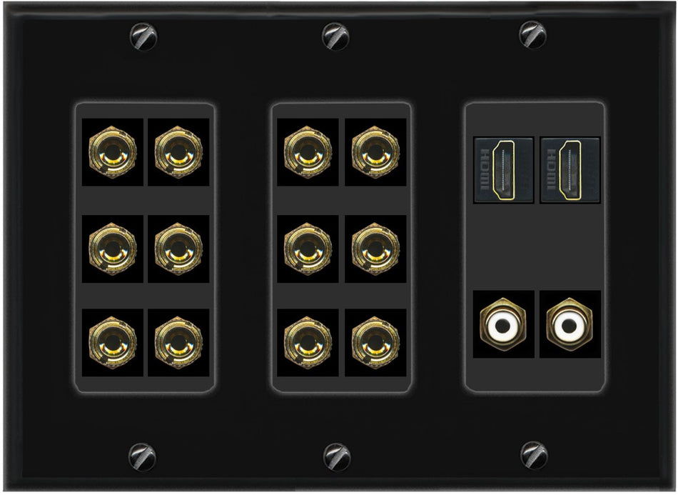 RiteAV 6.2 Surround Sound 6 Speaker 12 Banana Plug Jack Wall Plate w/ 2 RCA Subwoofer + 2 HDMI Female Connectors - 3 Gang [Black]