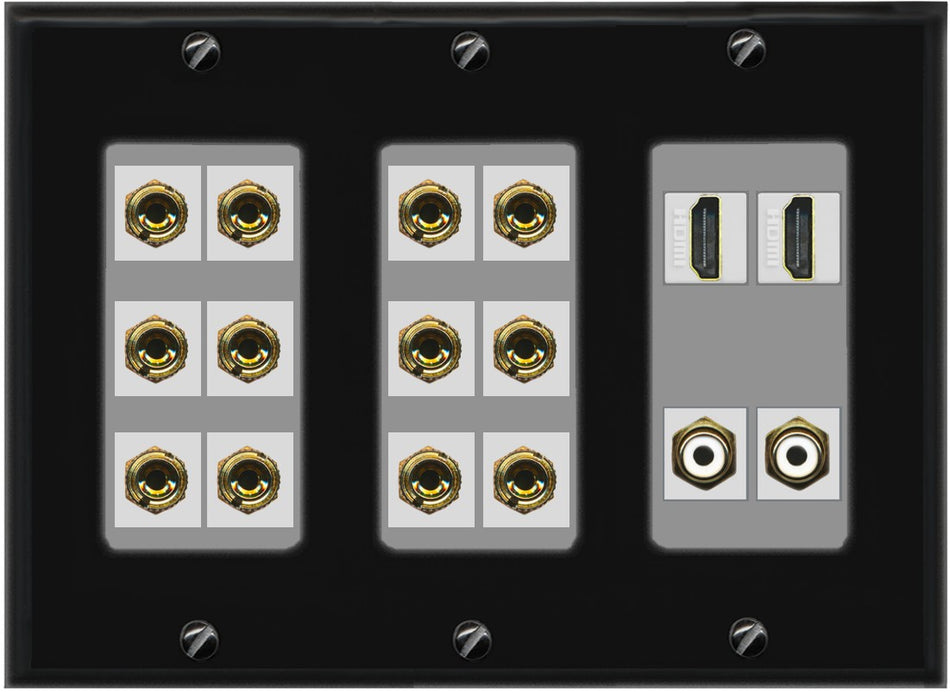 RiteAV 6.2 Surround Sound 6 Speaker 12 Banana Plug Jack Wall Plate w/ 2 RCA Subwoofer + 2 HDMI Female Connectors - 3 Gang [Black/Gray]
