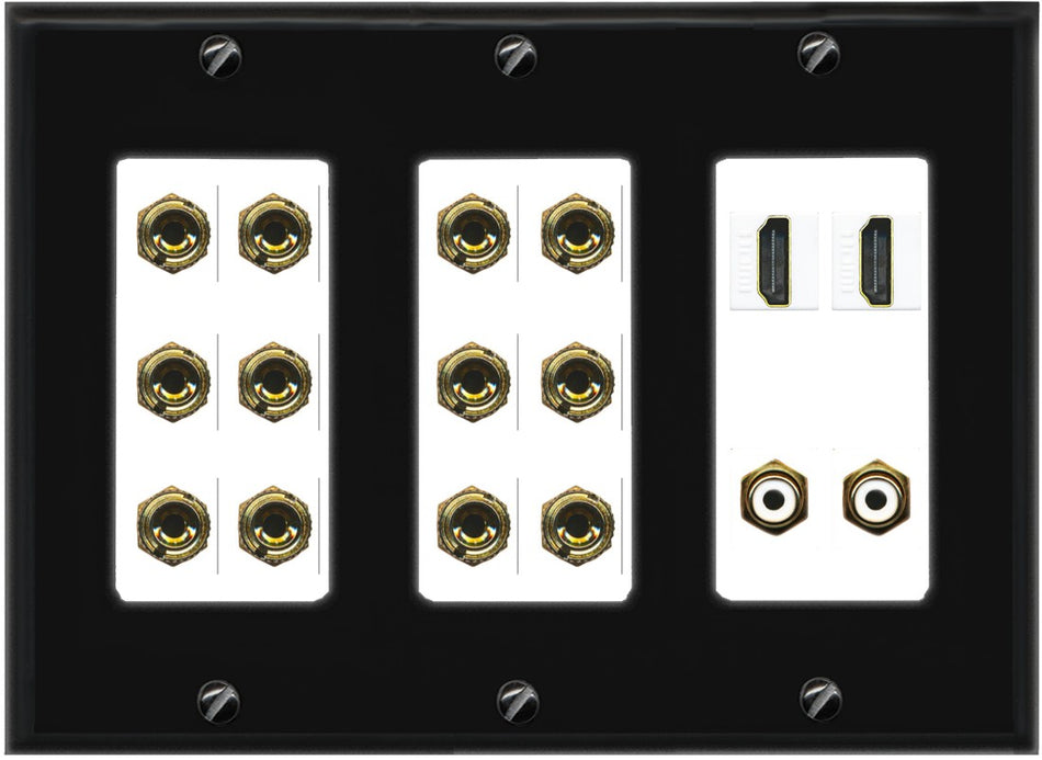 RiteAV 6.2 Surround Sound 6 Speaker 12 Banana Plug Jack Wall Plate w/ 2 RCA Subwoofer + 2 HDMI Female Connectors - 3 Gang [Black/White]