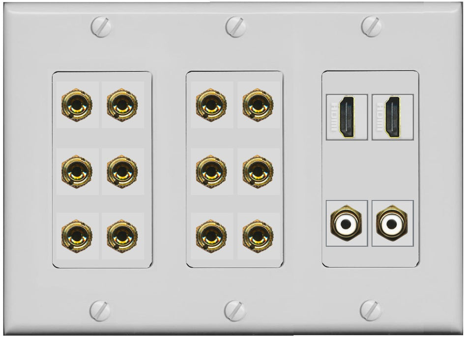 RiteAV 6.2 Surround Sound 6 Speaker 12 Banana Plug Jack Wall Plate w/ 2 RCA Subwoofer + 2 HDMI Female Connectors - 3 Gang [Gray]
