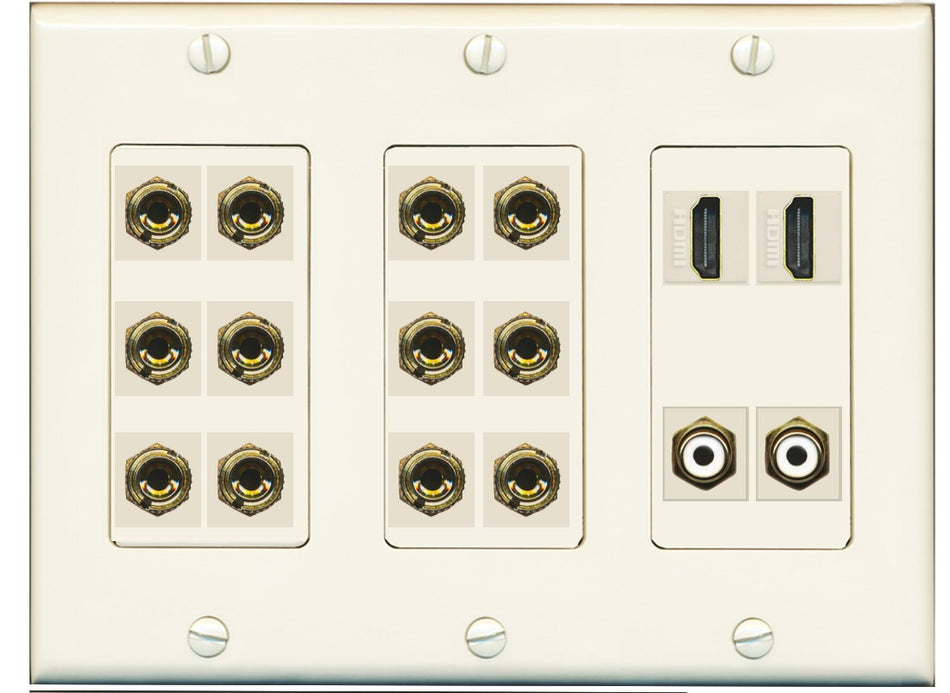 RiteAV 6.2 Surround Sound 6 Speaker 12 Banana Plug Jack Wall Plate w/ 2 RCA Subwoofer + 2 HDMI Female Connectors - 3 Gang [Light Almond]