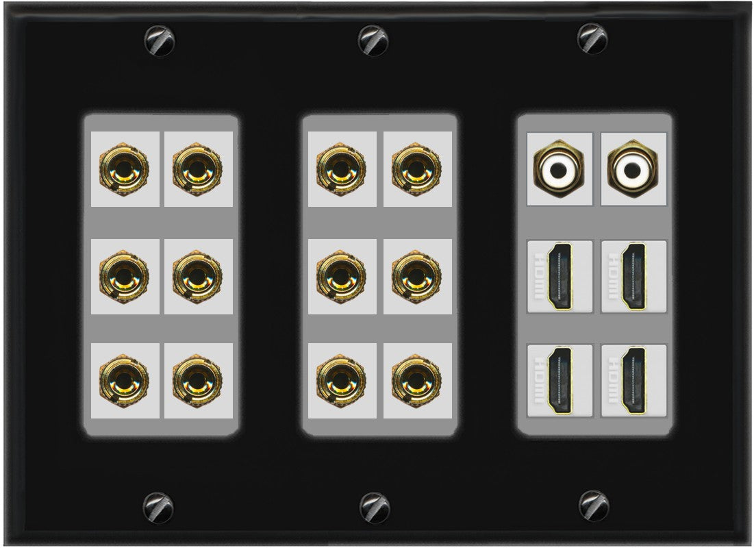 RiteAV 6.2 Surround Sound 6 Speaker 12 Banana Plug Jack Wall Plate w/ 2 RCA Subwoofer + 4 HDMI Female Connectors - 3 Gang [Black/Gray]