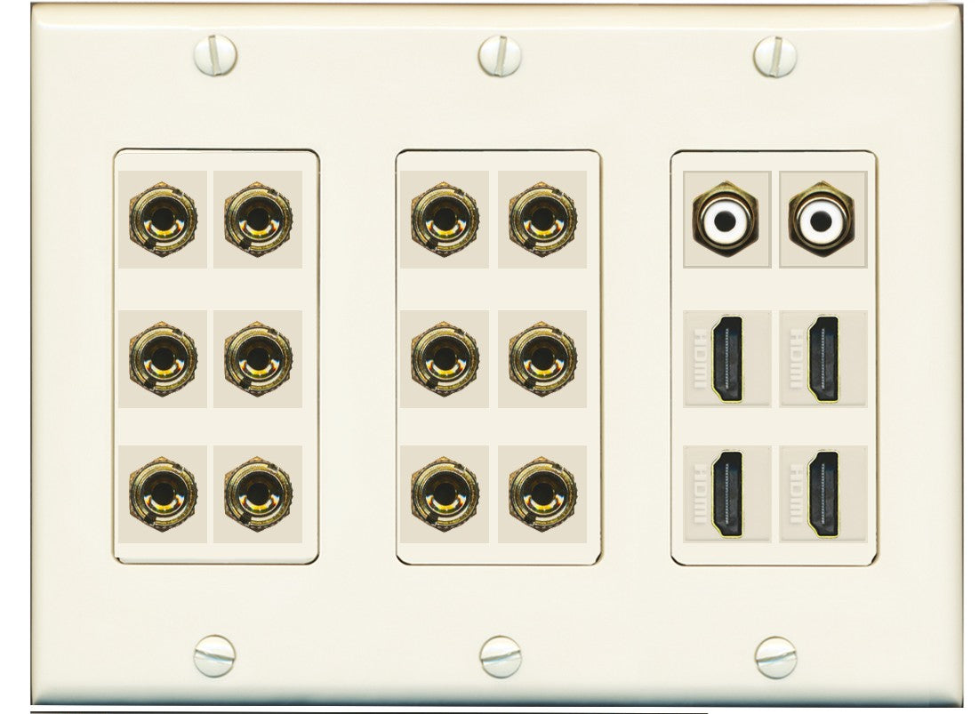 RiteAV 6.2 Surround Sound 6 Speaker 12 Banana Plug Jack Wall Plate w/ 2 RCA Subwoofer + 4 HDMI Female Connectors - 3 Gang [Light Almond]