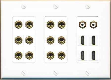 RiteAV 6.2 Surround Sound 6 Speaker 12 Banana Plug Jack Wall Plate w/ 2 RCA Subwoofer + 4 HDMI Female Connectors - 3 Gang [White]