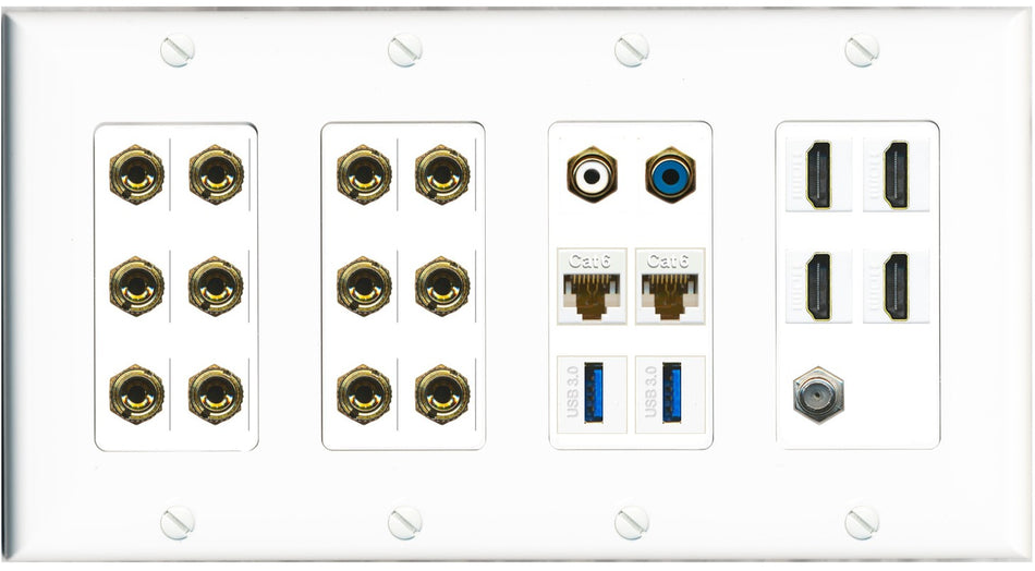 RiteAV 6.2 Surround Sound 6 Speaker 12 Banana Plug Jack Wall Plate w/ 2 RCA Subwoofer + 4 HDMI Coax + 2 x Cat6 2 x USB Jacks - 4 Gang [White]
