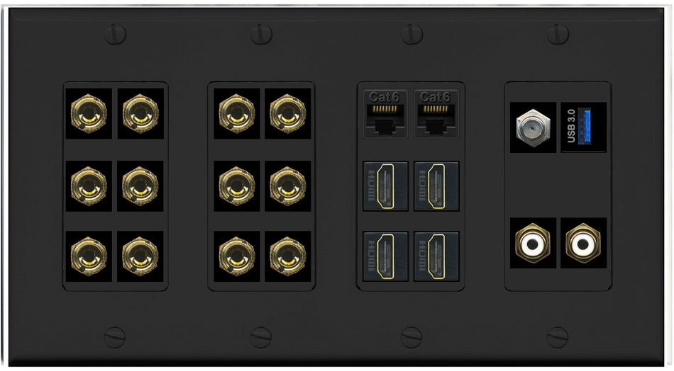 RiteAV 6.2 Surround Sound 6 Speaker 12 Banana Plug Jack Wall Plate w/ 2 RCA Subwoofer + 4 HDMI Coax + 2 x Cat6 1 x USB Jacks - 4 Gang [Black]