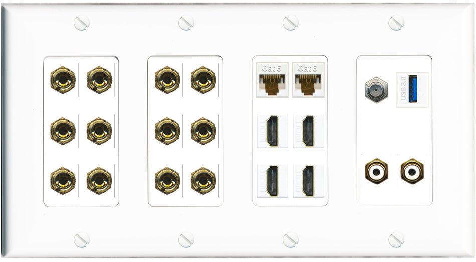 RiteAV 6.2 Surround Sound 6 Speaker 12 Banana Plug Jack Wall Plate w/ 2 RCA Subwoofer + 4 HDMI Coax + 2 x Cat6 1 x USB Jacks - 4 Gang [White]