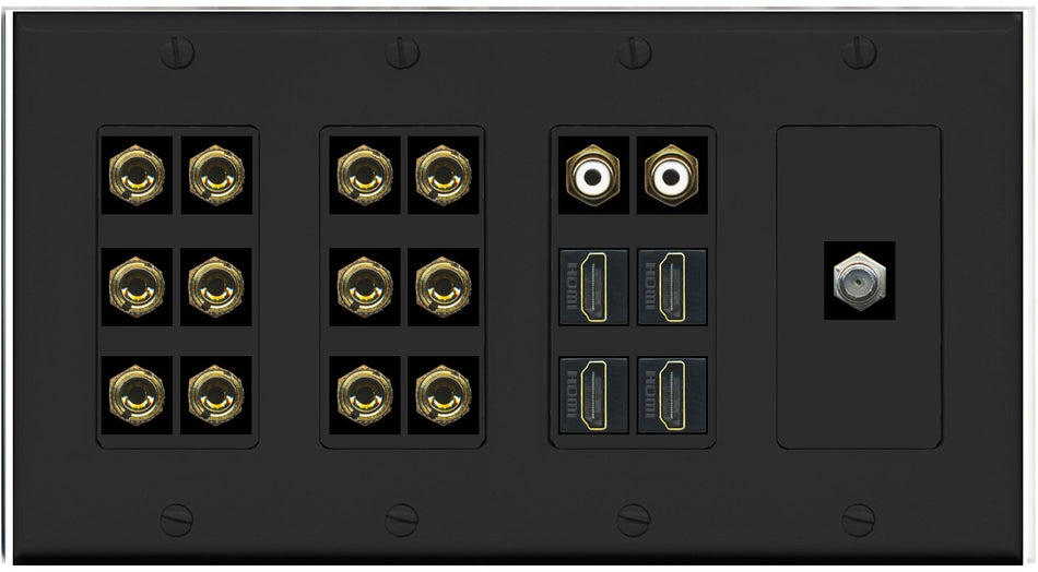RiteAV 6.2 Surround Sound 6 Speaker 12 Banana Plug Jack Wall Plate w/ 2 RCA Subwoofer + 4 HDMI + 1 x Coax Jacks - 4 Gang [Black]