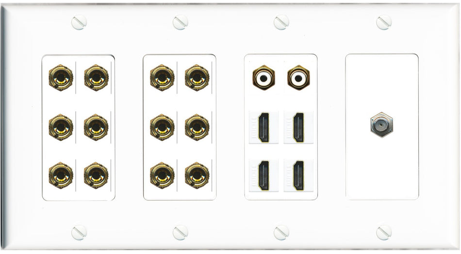 RiteAV 6.2 Surround Sound 6 Speaker 12 Banana Plug Jack Wall Plate w/ 2 RCA Subwoofer + 4 HDMI + 1 x Coax Jacks - 4 Gang [White]
