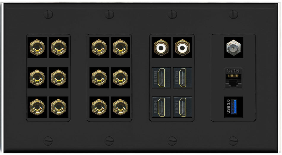 RiteAV 6.2 Surround Sound 6 Speaker 12 Banana Plug Jack Wall Plate w/ 2 RCA Subwoofer + 4 HDMI + 1 x Coax Cat6 USB Jacks - 4 Gang [Black]