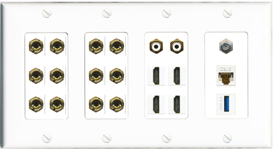 RiteAV 6.2 Surround Sound 6 Speaker 12 Banana Plug Jack Wall Plate w/ 2 RCA Subwoofer + 4 HDMI + 1 x Coax Cat6 USB Jacks - 4 Gang [White]