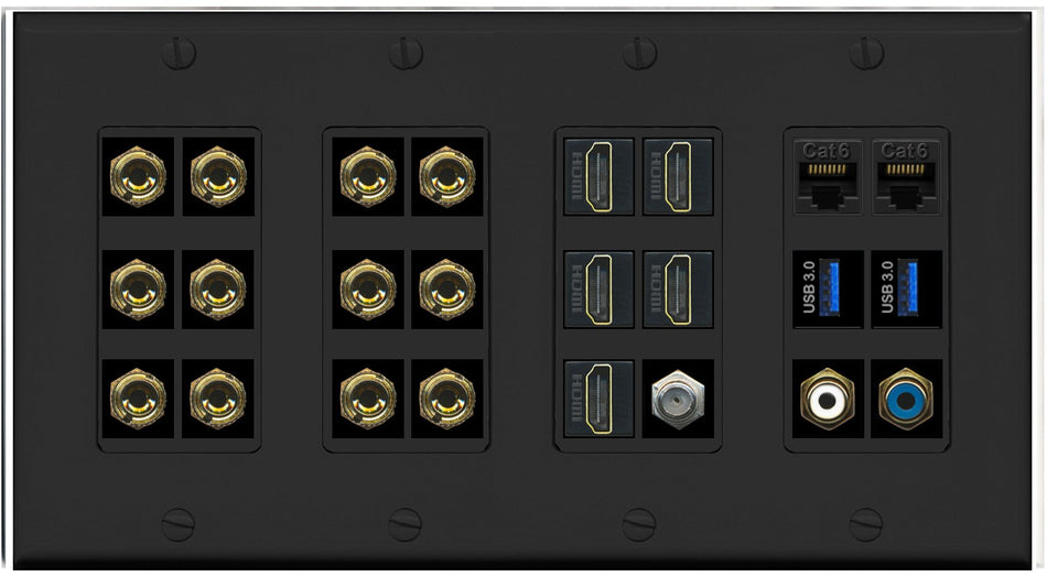 RiteAV 6.2 Surround Sound 6 Speaker 12 Banana Plug Jack Wall Plate w/ 2 RCA Subwoofer + 5 HDMI Coax + 2 x Cat6 2 x USB Jacks - 4 Gang [Black]