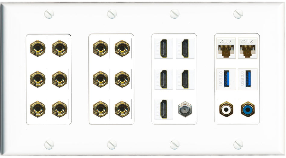 RiteAV 6.2 Surround Sound 6 Speaker 12 Banana Plug Jack Wall Plate w/ 2 RCA Subwoofer + 5 HDMI Coax + 2 x Cat6 2 x USB Jacks - 4 Gang [White]